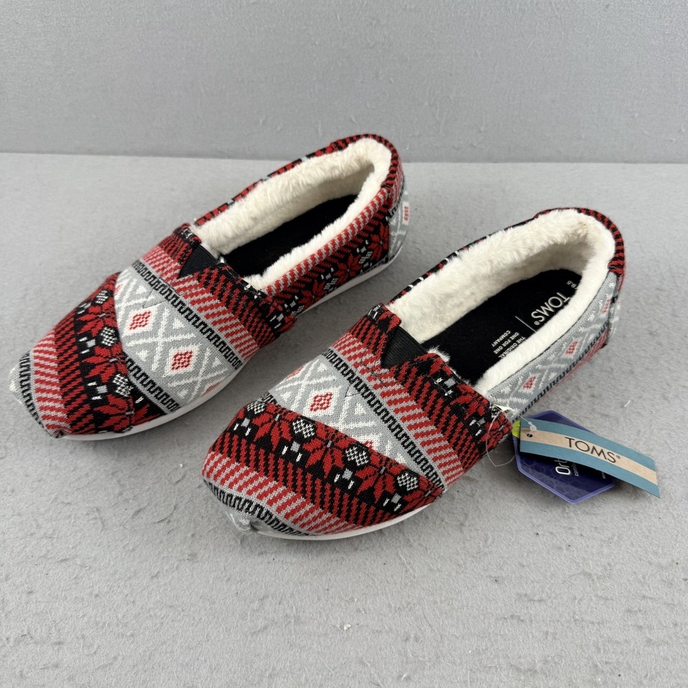 TOMS Alpargata‎ Slippers Women 9.5 Red Multi Fair Isle  Sweater Knit Fleece NWT